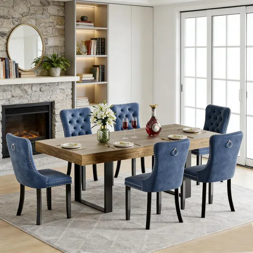 Miniatura 11 de Juego de mesa de comedor extensible de 5 piezas para 4, mesa de cocina de madera marrón de 63-78.7 pulgadas con 4 sillas acolchadas beige, juego