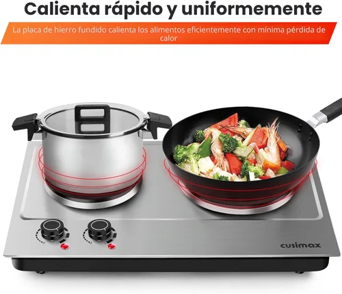 Miniatura 4 de CUSIMAX Placa de cocción doble de 1800 W, quemador doble de encimera de acero inoxidable plateado, portátil, eléctrico, placas de cocción de hierro