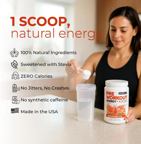 Miniatura 3 de ABOUT TIME Preworkout Energy + Focus (Sabores naturales, sin nerviosismo, sin gluten, baja estima) - Sandía, 60 porciones