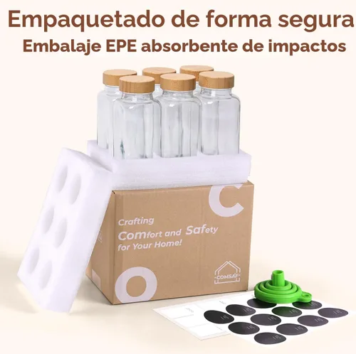 Miniatura 8 de ComSaf 8 oz 6 piezas de tarros de especias de vidrio con etiqueta, recipientes de especias vacíos con tapas de bambú, recipientes de condimento