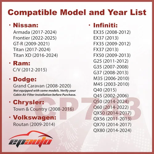 Miniatura 2 de EPAuto CP743 (CF10743) Filtro de aire de cabina, reemplazo para Infiniti Q50, Q45, Q60, QX80, EX35, FX35, G37, Nissan GT-R, Armada, Titan, Chrysler