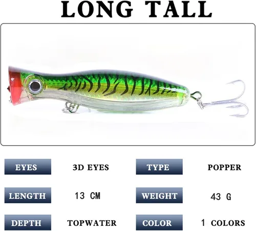 Miniatura 6 de Señuelo de Pesca Popper, Señuelos Popper de Superficie JAZALIC con Ojos 3D, Accesorios de Pesca para Lanzamiento en Superficie de Agua Salada y Azul