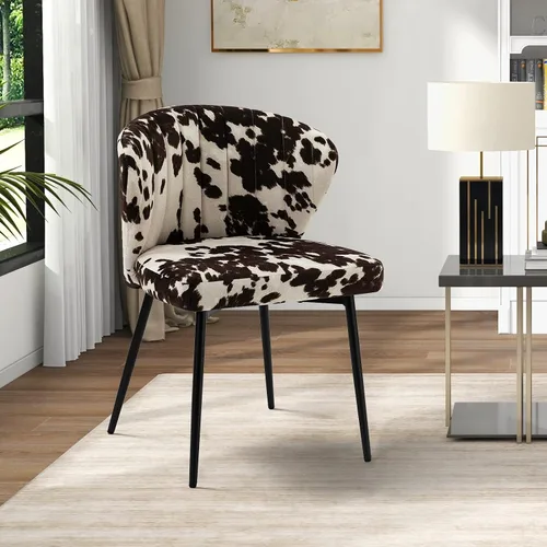 Miniatura 6 de HULALA HOME Silla de comedor moderna sin brazos, piel de vaca con estampado de animales, silla lateral tapizada con patas de metal negro, silla