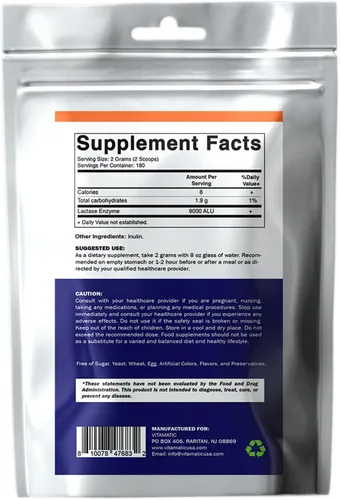 Miniatura 8 de Vitamatic Polvo de enzima lactasa – 9000 ALU por porción – 180 porciones – Apoya la digestión de lactosa, sin OMG, sin gluten