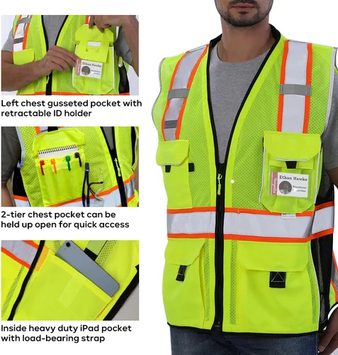Miniatura 2 de Neopelta Chaleco de seguridad reflectante de malla amarilla, fabricado con cinta reflectante 3M, chaleco resistente con bolsillo para Amarillo