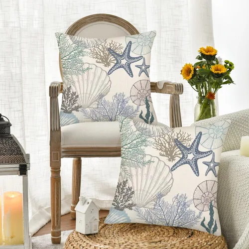 Miniatura 4 de Fukeen Juego de 2 fundas de almohada de playa de verano de 16 x 16 pulgadas, conchas de mar, conchas de coral y estrellas de mar y estrellas de mar