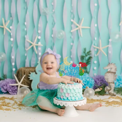 Miniatura 4 de Gyufise 1 pieza de decoración de pastel de sirena de feliz cumpleaños con purpurina de animales del océano, conchas marinas, cola de sirena
