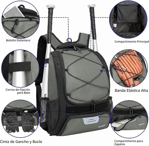 Miniatura 4 de DAFISKY, Mochila para Bolsón de Béisbol y Sóftbol - Mochila para Equipo de Bate de Béisbol, Sóftbol y Bola T para Jóvenes y Adultos con Soportes Gris
