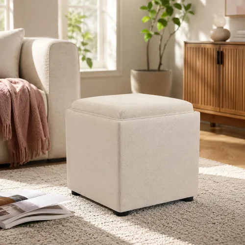 Joveco Otomana Cuadrada de Almacenamiento con Bandeja, Pequeño Taburete de Reposapiés de Lino, Mesa de Centro para Dormitorio y Sala de Estar, Beige