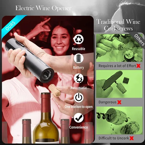 Miniatura 3 de Abridor eléctrico de botellas de vino, abridor automático de sacacorchos de vino, funciona con pilas. Abridor de botón de un clic con cortador