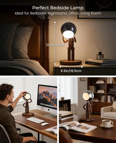 Miniatura 6 de Lámpara de mesa inalámbrica, lámpara de mesa de madera recargable con control táctil y brillo ajustable, lámpara de noche decorativa inalámbrica