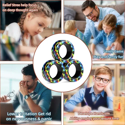 Miniatura 6 de Juego de anillos magnéticos para ansiedad, juguetes para ansiedad con TDAH, anillos giratorios para adultos para terapia de alivio de ansiedad, gran
