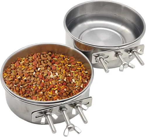 Miniatura 9 de PINVNBY 2 piezas cuencos de acero inoxidable para pájaros, cuencos para agua y alimentos con soporte de abrazadera, comedero de pájaros, tazones