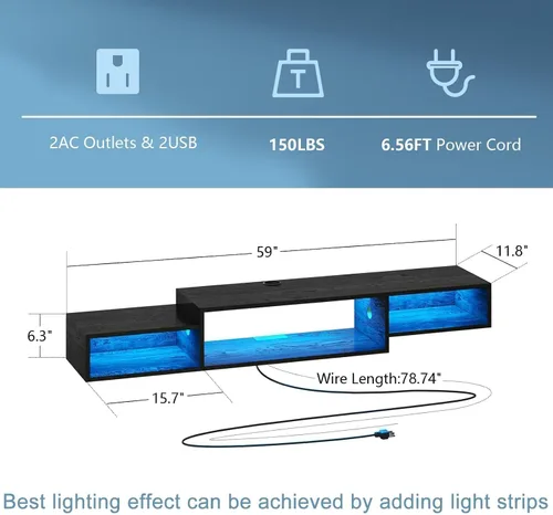 Miniatura 2 de 4 EVER WINNER Soporte flotante para TV con toma de corriente, estante flotante de TV de 59 pulgadas con luces LED y almacenamiento, centro