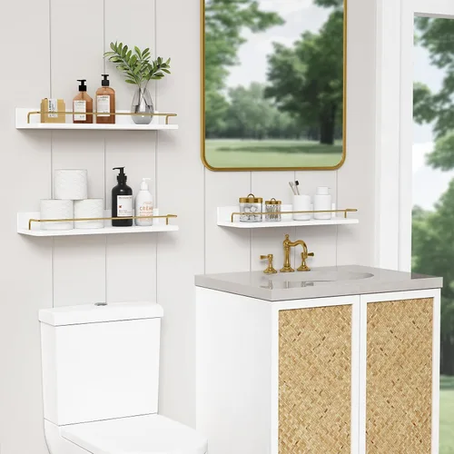 Miniatura 2 de Forbena Juego de 3 estantes flotantes dorados para decoración de pared, estantes de baño sobre el inodoro, estante de pared moderno con riel Blanco