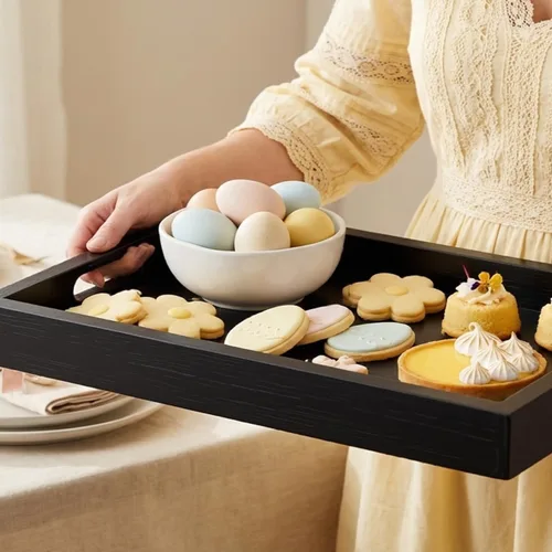 Miniatura 2 de Bandeja rectangular de madera de acacia negra con asas, juego de 2 (15 x 11 pulgadas y 13 x 10 pulgadas), bandeja grande para otomana, desayuno