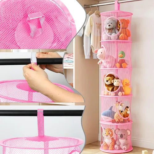 Miniatura 4 de Red de Animales de Peluche o Hamaca de Red de Juguetes, Almacenamiento Plegable de Animales de Peluche con 5 Compartimentos, Organizador de Rosa