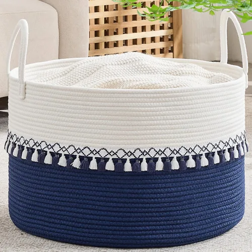 Miniatura 18 de KAKAMAY Cesta grande para manta (20 x 13 pulgadas), cestas tejidas para almacenamiento de ropa sucia de bebé, canasta de manta de cuerda de algodón
