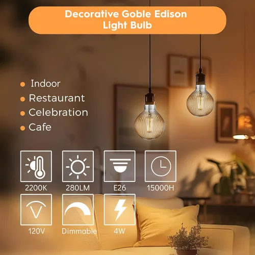 Miniatura 4 de Focos de luz, 4 W, regulables, decorativos, grandes, únicos, ámbar, globo, G125 Edison, bombillas LED con filamento de jaula de ardilla, base media