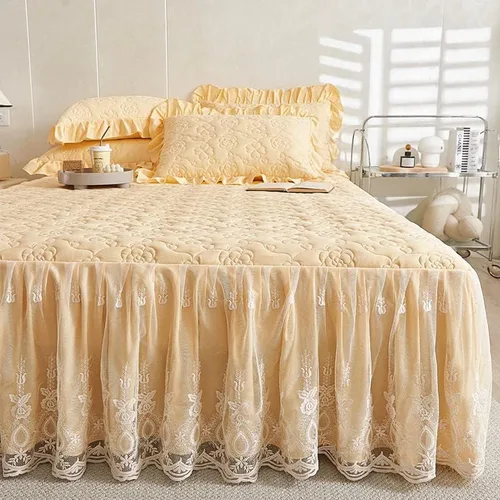 Miniatura 3 de Colcha acolchada de algodón brocado con patrón de flores, falda de cama con volantes, tamaño Queen, amarillo claro