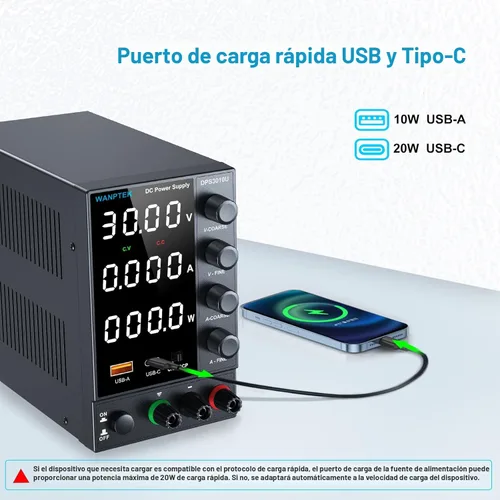 Miniatura 4 de Fuente de alimentación CC variable 0-30V 0-10A, fuentes de alimentación de banco reguladas de conmutación ajustable con codificador grueso y perilla