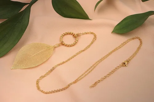 Miniatura 13 de Joyas de hoja de oro rosa y plata para mujer. Pendientes de hoja natural y collares circulares colgantes. Elegantes conjuntos de joyas colgantes.