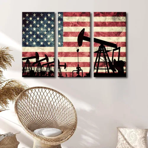 Miniatura 2 de 3 piezas de gato con bomba de aceite en la bandera de Estados Unidos, arte de pared, extracción de petróleo americano, decoración del hogar