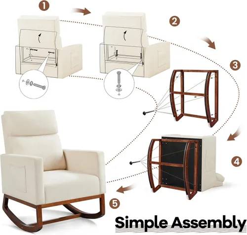 Miniatura 9 de Yaheetech Mecedora tapizada para cuarto de bebé, con patas de madera de goma, bolsillo lateral, sillón con respaldo alto para sala de estar, Beige