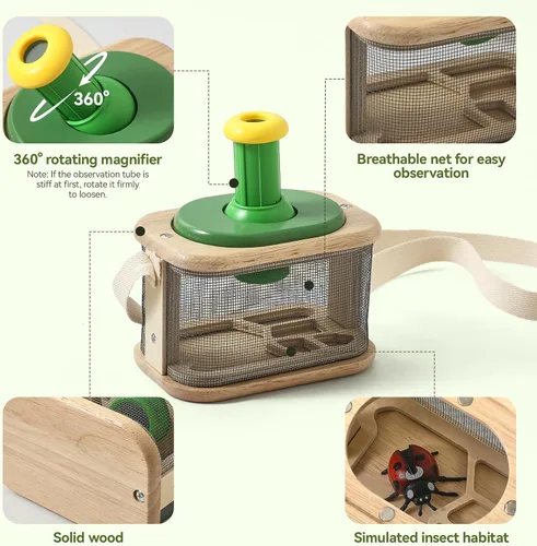 Miniatura 4 de Atrapa insectos de madera para niños, lupa giratoria de 360°, kit de explorador de insectos, con hábitat de insectos, red de mariposa, pinzas