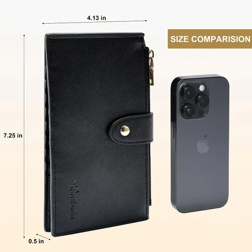 Miniatura 6 de Travelambo Billetera para mujer con bloqueo RFID plegable para múltiples tarjetas con bolsillo con cremallera, Negro -, Minimalista