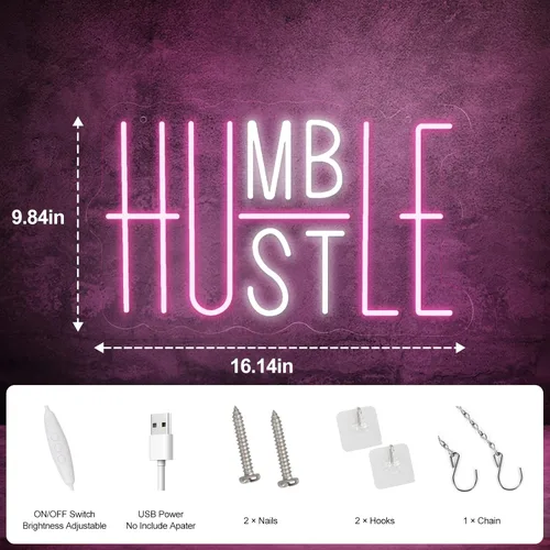 Miniatura 4 de YIKBIK Hustle - Letrero LED de neón para decoración de pared, luces LED de neón humildes para decoración de fiestas, interruptor alimentado por USB