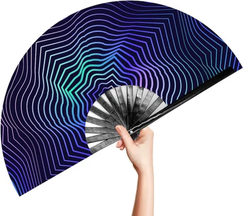 Miniatura 19 de OMyTea Ventilador de mano plegable grande Rave Clack para hombres y mujeres, ventilador de mano de bambú chino japonés - para EDM, festival de Aurora