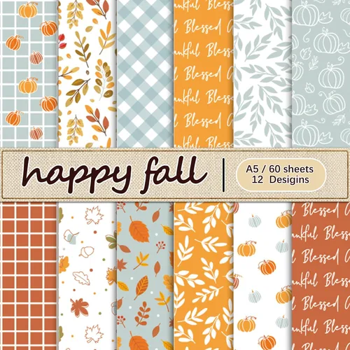 Whaline 60 piezas de papel con patrón de otoño, hojas de otoño, calabaza, a cuadros, ondas, papel para manualidades, naranja, azul, hojas A5 de