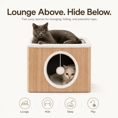 Miniatura 2 de Casa de condominio para gatos con cojines reversibles y bola esponjosa colgante, cubo plegable para gatos, cama cueva grande para gatitos