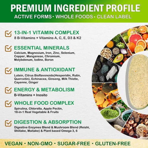 Miniatura 4 de Multivitamínico vegano de alimentos integrales con hierro, multivitamínico diario para hombres y mujeres, multivitaminas metiladas, complejo B