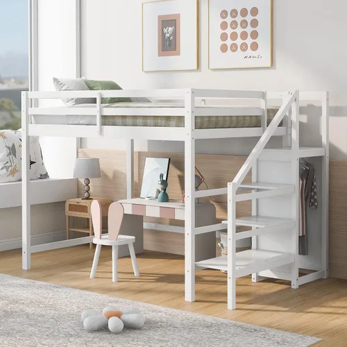 Miniatura 8 de Cama alta moderna con cajones de almacenamiento y escaleras, cama de madera tamaño individual con estantes y barandillas, para niños, niñas