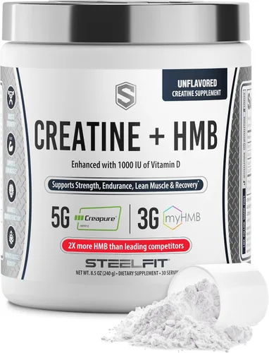 SteelFit Creatine HMB Powder - 0.18 oz Creapure Creatine Monohidrato en polvo, 0.11 oz myHMB y 1000 UI de vitamina D - Suplemento de entrenamiento