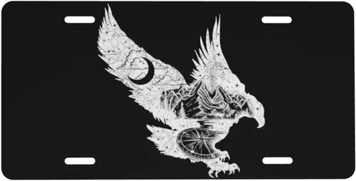 Placa de Matrícula de Aluminio Águila Brújula Montaña Bosque Luna Nubes 6 x 12 Pulgadas Placa de Matrícula Frontal de Metal para Automóvil Cubierta