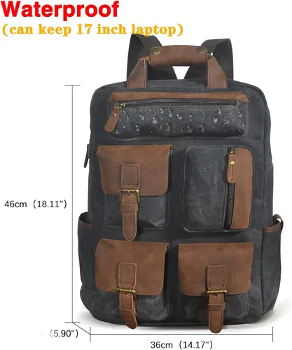 Miniatura 2 de Le'aokuu Lona y cuero genuino impermeable unisex adulto mochila diaria mochila casual bolsa de viaje, Negro