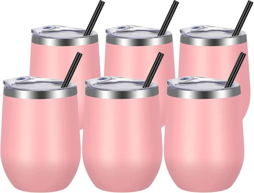 Miniatura 30 de VEGOND - Vaso de vino de acero inoxidable de 12 onzas con tapa y popote, vaso de vidrio de vino aislado de doble pared sin tallo, taza de café