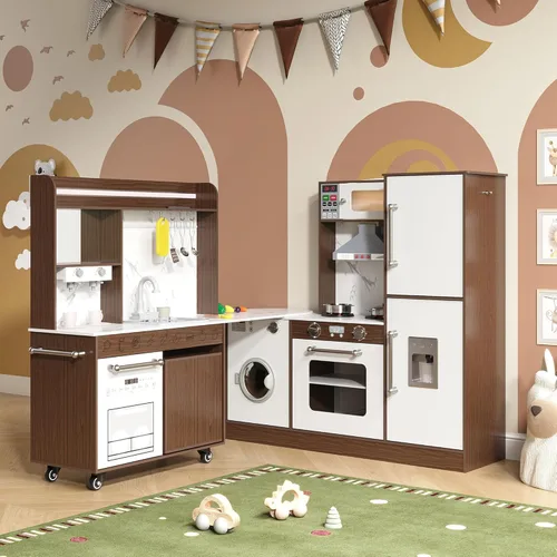 Miniatura 9 de BVIUNTWO Juego de Cocina de Juguete Grande, Juego de Cocina para Niños de Esquina Giratorio con Luces y Sonidos Reales, Fregadero de Juguete