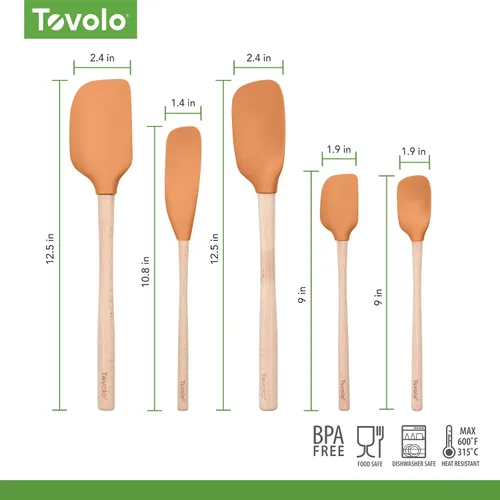 Miniatura 6 de Tovolo Juego de 5 espátulas de silicona con mango de madera, juego de utensilios de cocina de silicona, espátula, raspador, mini espátula y cuchara