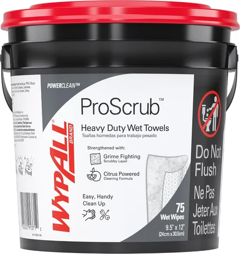 WypAll PowerClean ProScrub Toallas Húmedas de Trabajo Pesado (91371), Limpieza de Doble Acción, Toallitas Grandes de 9.5" x 12" Pulgadas, Cubo