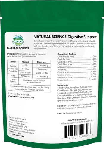 Miniatura 2 de Oxbow Natural Science Apoyo Digestivo, Suplemento Alto en Fibra para Conejo y Conejo de Indias, Hecho con Heno de Timothy, Incluye Raíz