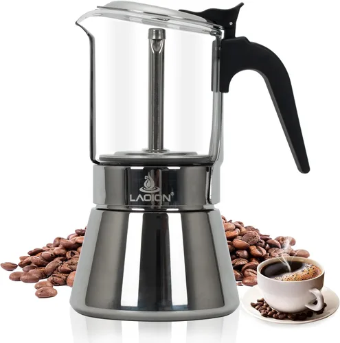 Miniatura 9 de LAOION Cafetera de café expreso, 3 tazas de 5.4 fl oz, cafetera de cristal y acero inoxidable, cafetera moca, cafetera Greca de Café, cafetera