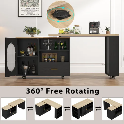 Miniatura 3 de HSH Isla de cocina rodante de 72 pulgadas con asiento, mesa giratoria de 360°, isla de cocina con gabinete de almacenamiento, cajón y estantes