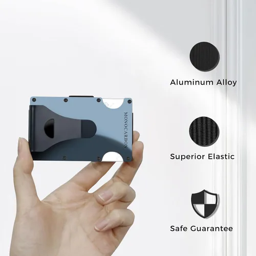 Miniatura 2 de MONOCARBON Cartera delgada minimalista con bolsillo frontal con bloqueo RFID, clip de dinero para tarjetas de crédito, acero manganeso, Azul