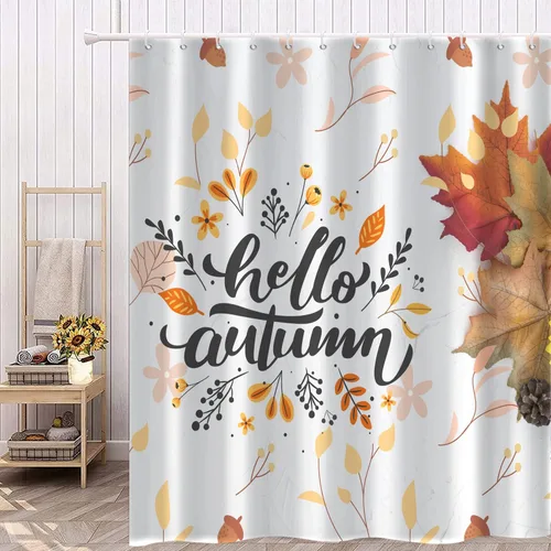 Cortina de ducha de otoño, hola otoño, hojas de arce, flores amarillas, rústica, granja, Acción de Gracias, lavable a máquina, impermeable, tela