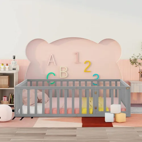 Miniatura 3 de Bellemave Cama de suelo Queen para niños, marco de cama Montessori con barandillas y puerta en forma de valla, cama Queen de madera para niños, Gris