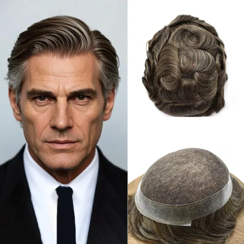Miniatura 40 de Toupee para hombres Sistema de reemplazo de cabello humano real pieza de cabello humano para hombres encaje suizo para hombre Toupee Hair Pieces